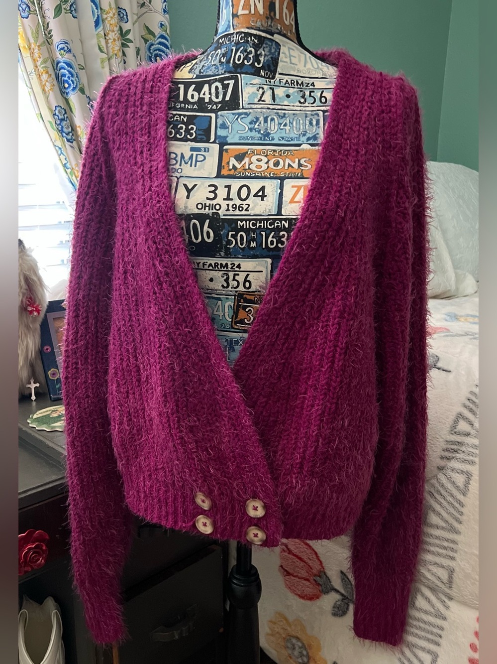 Free People Fuzzy Deep Berry V-Neck Button Cardigan